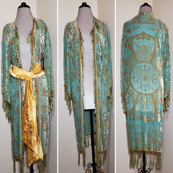 Vintage Sweaters - Vintage Rose Gold Mint Green Tassel Beaded Kimono